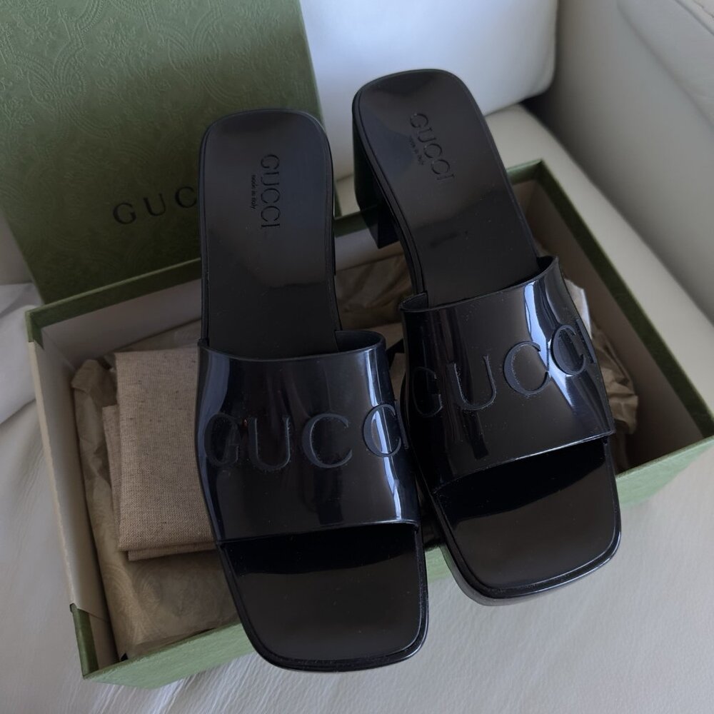 NEW GUCCI BLACK Rubber Logo Platform Block Heel Slide Sandals Size 10 US 40 EU - Picture 6 of 8